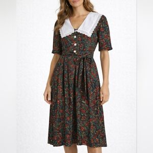 Vintage Style Floral Midi Dress Lace Collar Button Front Waist Tie Multicolor